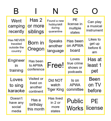 APWA Networking Lunch Bingo Card