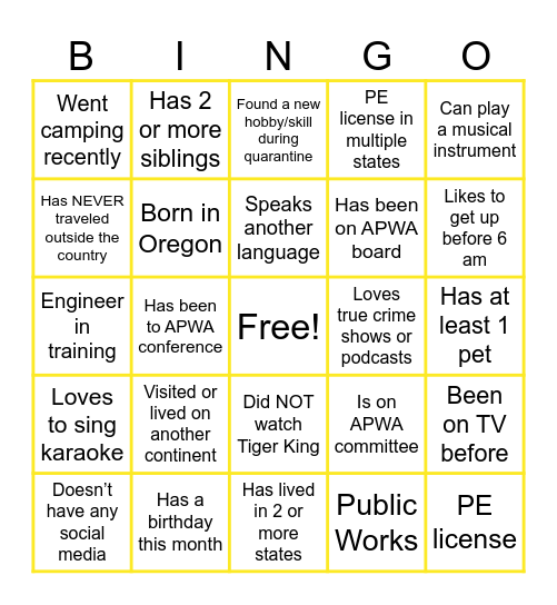 APWA Networking Lunch Bingo Card