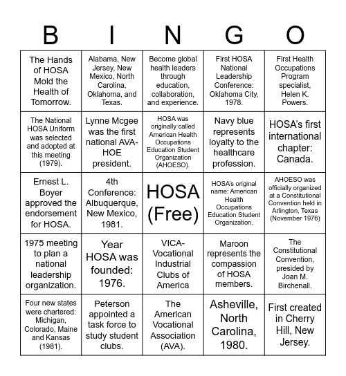 HOSA History Bingo Card