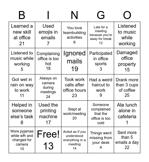 Workplace Bingo Card