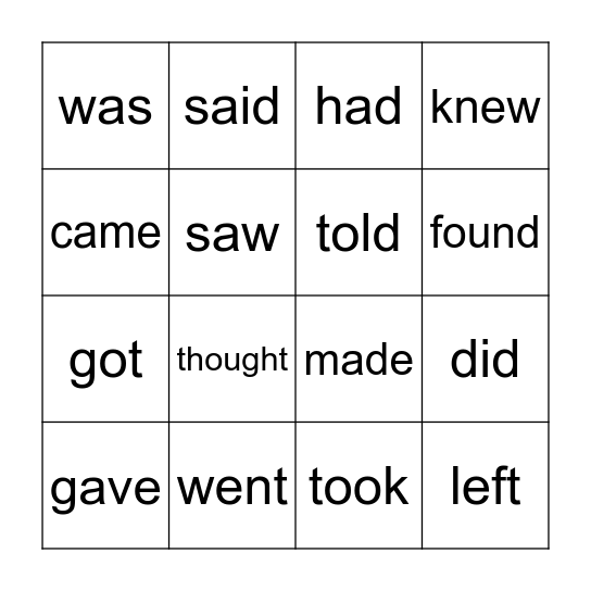 Irregular Past Verbs Bingo Card