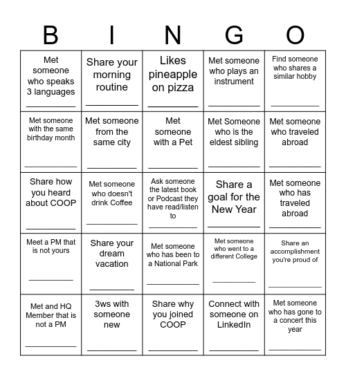 Networking Bingo Card