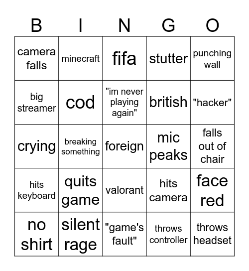 streamer rage compilation Bingo Card