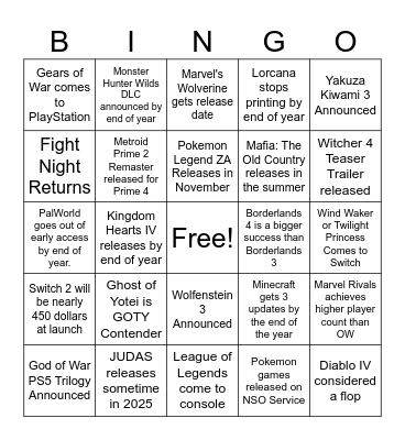 Gaming 2025 Bingo Card