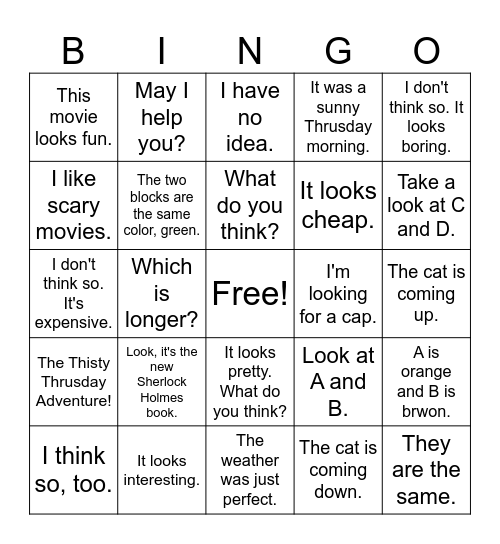 Lesson 11 What Do You Think? Bingo Card