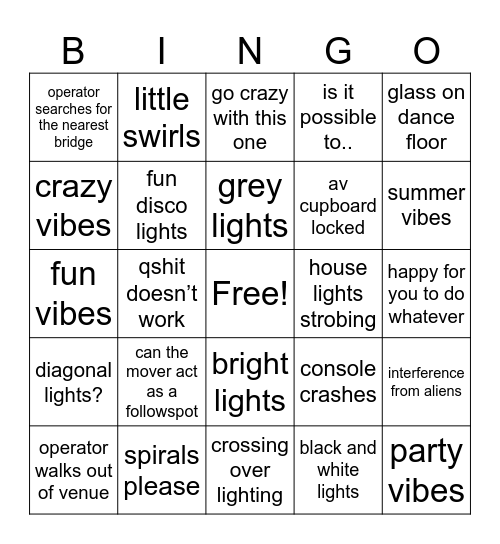 dance school lighting bingo Card