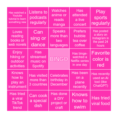 English Club Bingo Card