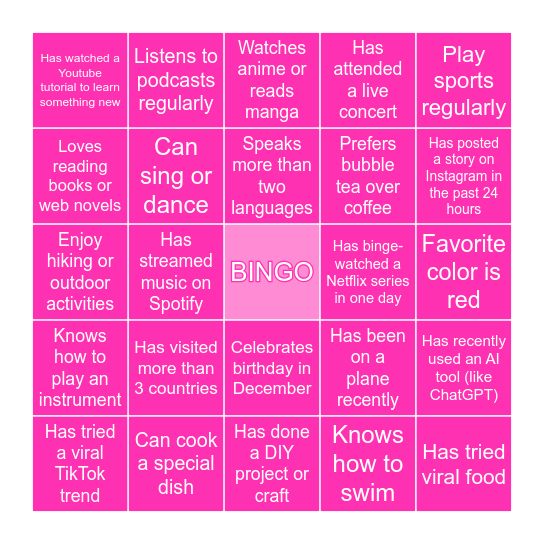 English Club Bingo Card