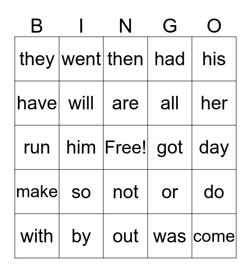 Sight Word Bingo Card