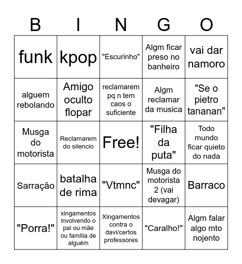 Bingo do passeio Bingo Card
