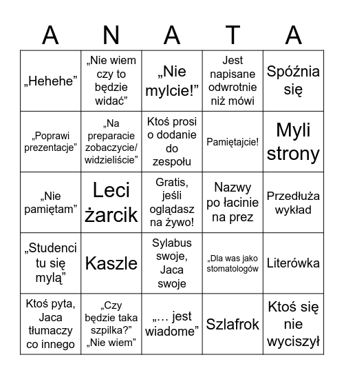 Anata Bingo Card