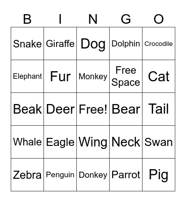 Animals Bingo Card