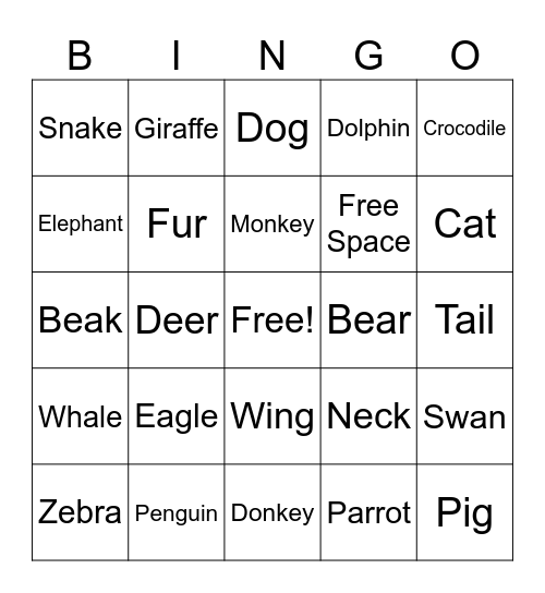 Animals Bingo Card