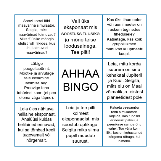 Füüsika tund AHHAA keskuses Bingo Card