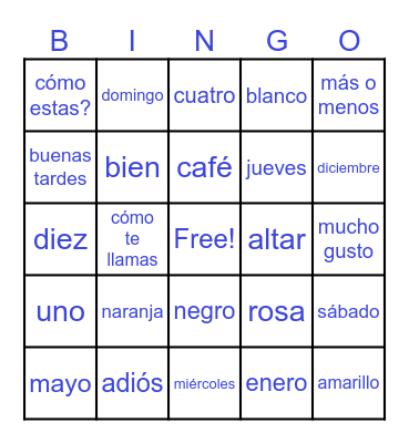 Español / Spanish Vocabulario Bingo Card