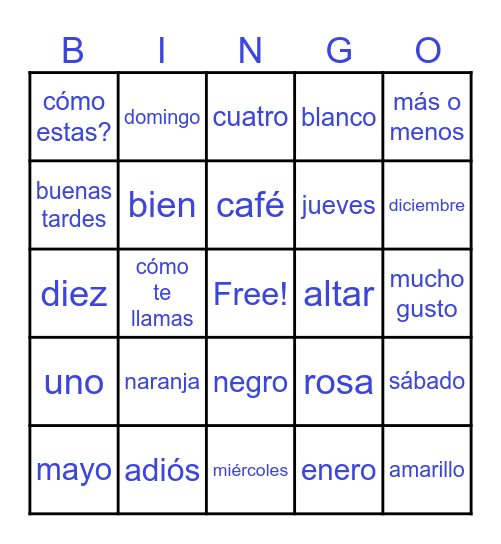 Español / Spanish Vocabulario Bingo Card