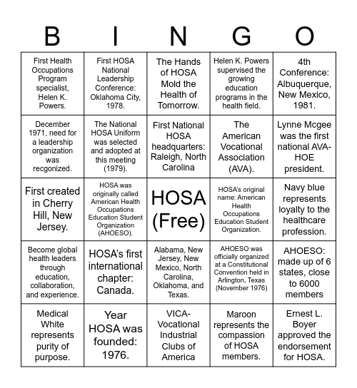 HOSA History Bingo Card