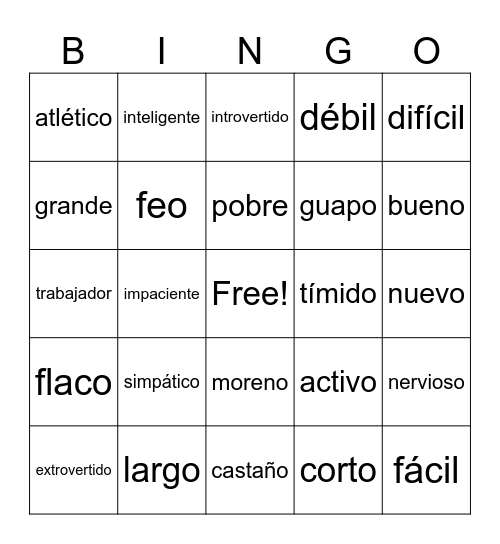 Los Adjetivos Bingo Card