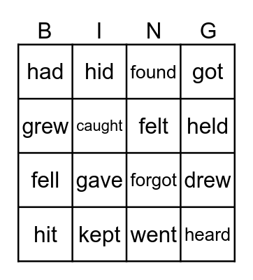 Irregular verbs bingo Card