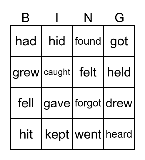 Irregular verbs bingo Card