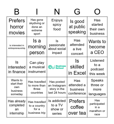 EUBS Ice Breaker Bingo Card