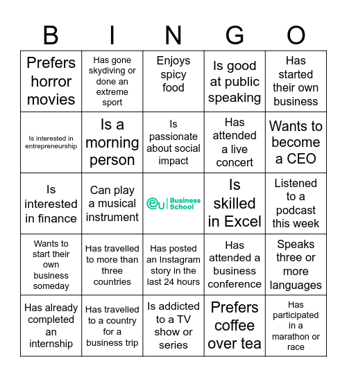 EUBS Ice Breaker Bingo Card