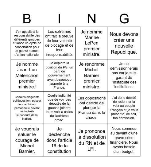 Allocution Macron Bingo Card