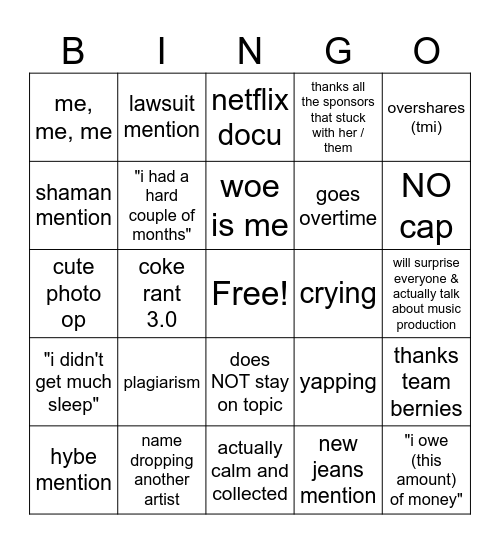 mhj's yapping session Bingo Card