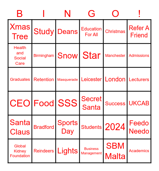 Scholar's School System Staff Christmas Bingo Card