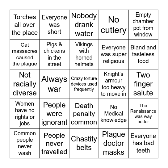 Medieval Myths Bingo Card