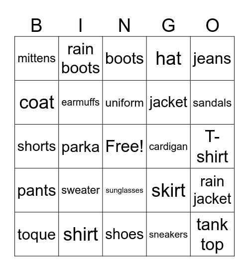 Clothing Bingo Card