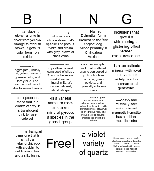 ROCKS Bingo Card