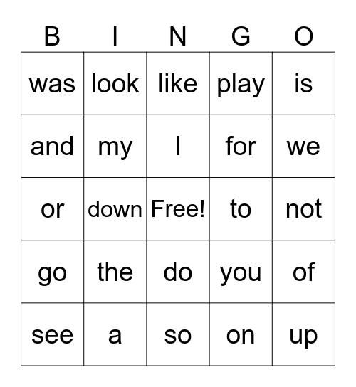 Sight words Unit 1 Bingo Card