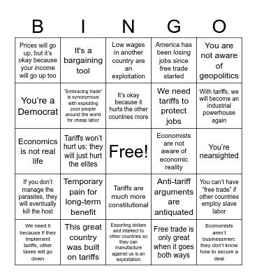 Tarifftarians Bingo Card Bingo Card