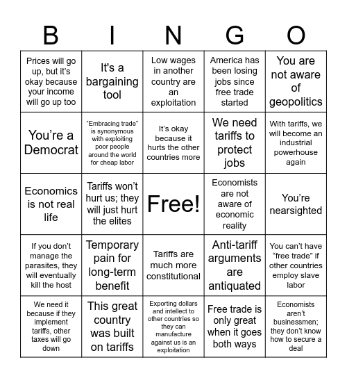 Tarifftarians Bingo Card Bingo Card