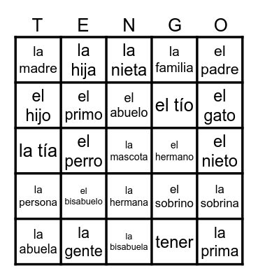 Spanish 1 U3: La Familia Bingo Card