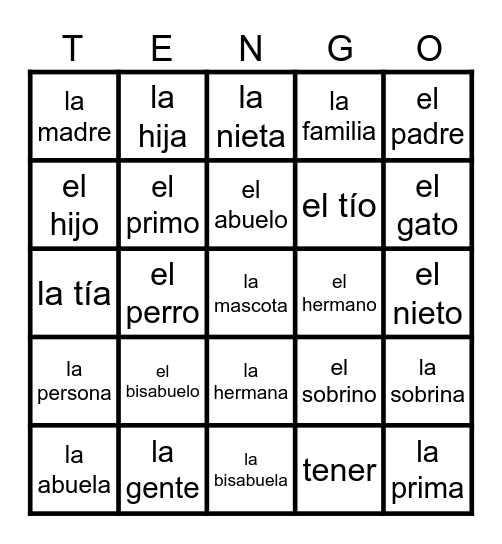 Spanish 1 U3: La Familia Bingo Card