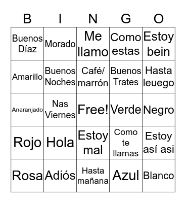 Spanish words Bingo Card