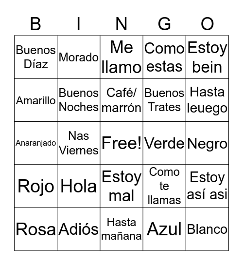 Spanish words Bingo Card