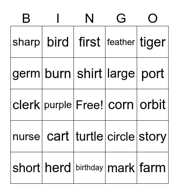 R controlled vowels Bingo Card