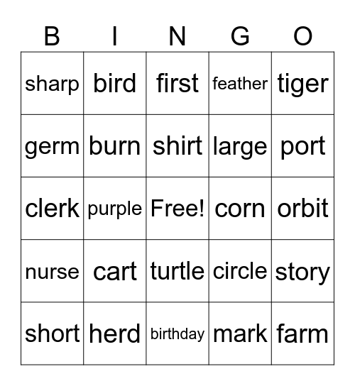 R controlled vowels Bingo Card