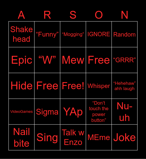 Arson blackout bingo Card