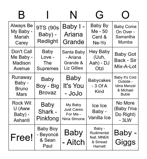 'Baby' Songs! Bingo Card