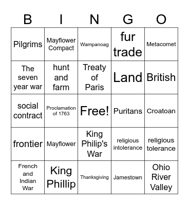 French and Indian War Bingo Card