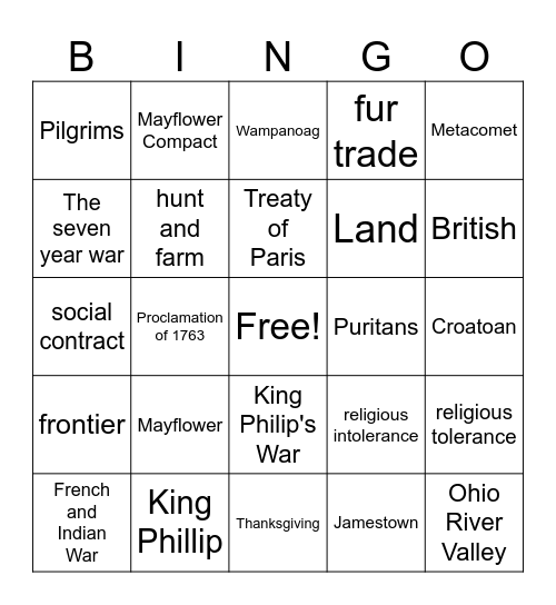 French and Indian War Bingo Card