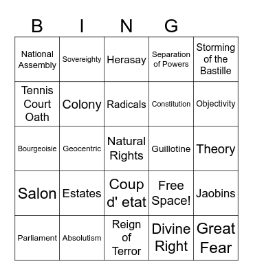 Revolutions Vocab Bingo Card