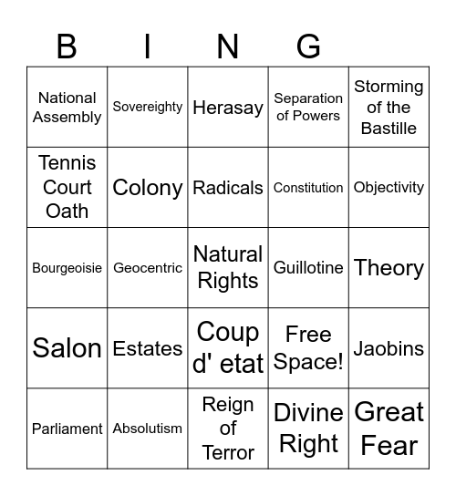 Revolutions Vocab Bingo Card