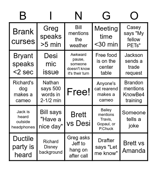 AM Meeting Bingo Card