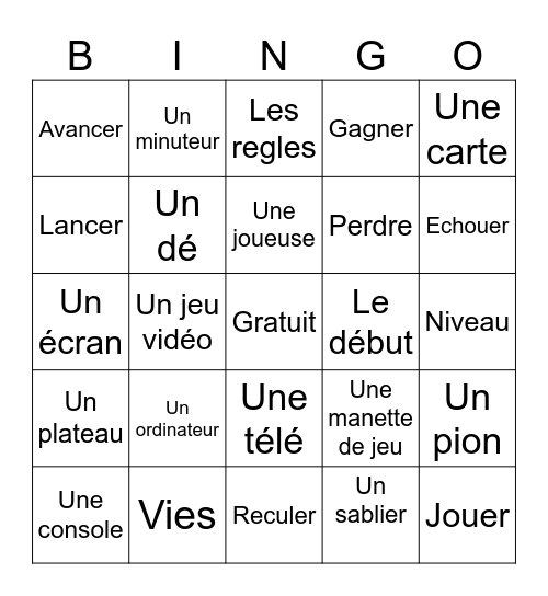 Les jeux/les jeux videos Bingo Card