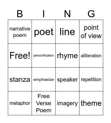Poetry Vocabulary Bingo Card